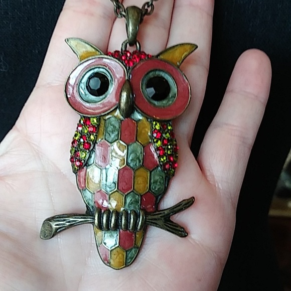 Large Embellished Owl Necklace Pendant - Picture 5 of 17